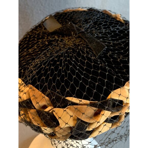 Ladies Black and Brown Velvet Braided Ribbon with Netting Hat Vintage Sz 22 - Picture 4 of 9